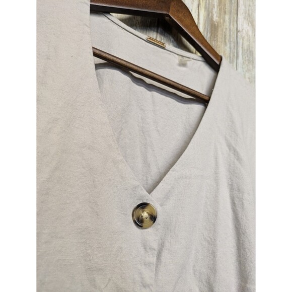 T Tahari Linen Blend Midi Dress Flutter Sleeve Khaki Button Up Shirred Waist 12 - Picture 4 of 15